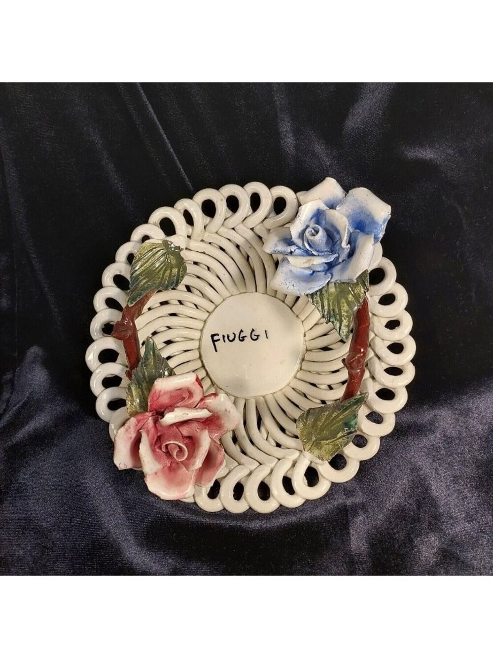 Italian Handmade Woven Lattice Basket Bowl RED WHITE & BLUE ROSES Vintage